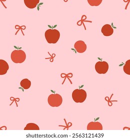 Seamless pattern of apple fruit with green leaves and ribbon bows on pink background vector.