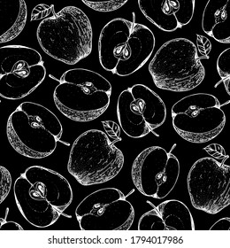 Seamless pattern with apple fruit. Hand drawn sketch. Black and white style illustration. Vector illustration.
