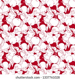 Seamless pattern with apple fruits and leaves. Texture, print with linear vector graphics for fabric, design, wrapping paper.