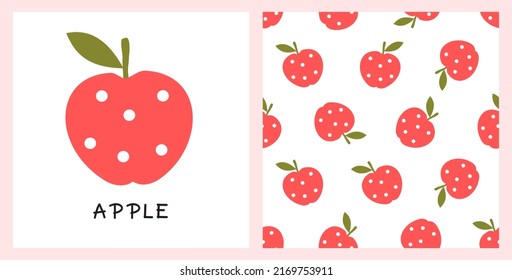 Patrón transparente de manzana con hojas verdes en la ilustración vectorial de fondo blanco. Huella de fruta.