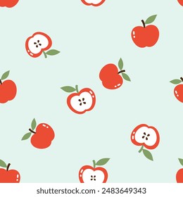 Seamless pattern of apple with green leaves on green background vector. Cute fruit print.