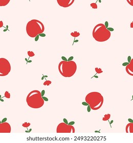 Seamless pattern of apple with green leaves and cute flower on pastel background vector.