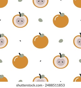 Nahtloses Muster mit Apfel- und Apfelhälften. Für Stoff, Verpackung, Karden, Textil, Bildschirmhintergrund, Bekleidung. Isolierte Vektorgrafik Cartoon Illustration in flachem Stil auf weißem Hintergrund.