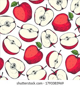 Seamless pattern with apple. Hand drawn pattern background. Colorful apple fruit illustration. Vector illustration.