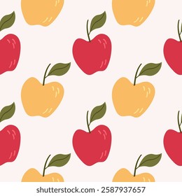 Seamless pattern with Apple harvest in flat style. Hand drawn repeating background with round red and yellow fruits of apple-tree for design, wrapping, poster, label, banner, card, textile, print