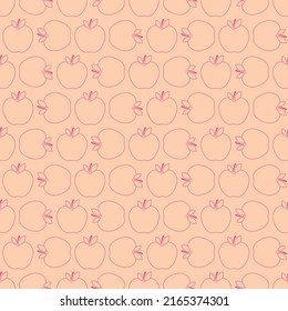 Seamless pattern with apple. Icon apple in line art style. Fruit icon symbol. Outline of apple in pink color. Design for print on fabric, wrapping paper, wallpaper, packaging. Vector illustration