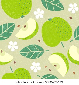 Seamless pattern. Apple juicy fruits leaves and flowers on shabby background.