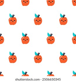 Seamless pattern. Apple. Kawaii style illustration. Hand drawn design on white background.