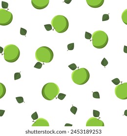 Seamless pattern with apple and leaves on a white background.