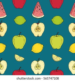 seamless pattern. apple. lemon. watermelon. lime. blue background.