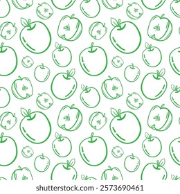 Seamless pattern of apple line art vectors on a white background.