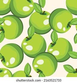 Seamless pattern with apple on color background. Natural delicious fresh ripe tasty fruit. Vector illustration for print, fabric, textile, banner, design. Stylized apples with leaves. Food concept.