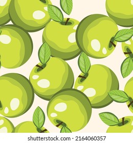 Patrón sin brillo con manzana sobre fondo de color. Sabrosa fruta fresca fresca y fresca. Ilustración vectorial para impresión, tela, textil, banner, diseño. manzanas estilizadas con hojas. El concepto de comida.