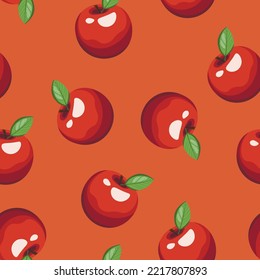 Seamless pattern with apple on color background. Natural delicious fresh ripe tasty fruit. Vector illustration for print, fabric, textile, banner, design. Stylized apples with leaves. Food concept.