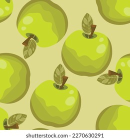 Seamless pattern with apple on color background. Natural delicious fresh ripe tasty fruit. Vector illustration for print, fabric, textile, banner, design. Stylized apples with leaves. Food concept.