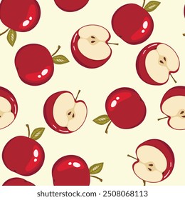 Seamless pattern with apple on color background. Natural delicious fresh ripe tasty fruit. Vector illustration for print, fabric, textile, banner, design. Stylized apples with leaves. Food concept.