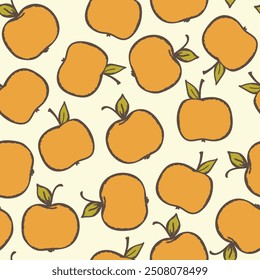 Patrón sin fisuras con manzana sobre fondo de color. Natural deliciosa fruta madura sabrosa fresca. Ilustración vectorial para impresión, tela, textil, Anuncio, diseño. Manzanas estilizadas con hojas. Concepto de comida.