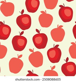 Seamless pattern with apple on color background. Natural delicious fresh ripe tasty fruit. Vector illustration for print, fabric, textile, banner, design. Stylized apples with leaves. Food concept.