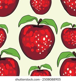 Seamless pattern with apple on color background. Natural delicious fresh ripe tasty fruit. Vector illustration for print, fabric, textile, banner, design. Stylized apples with leaves. Food concept.