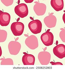 Patrón sin fisuras con manzana sobre fondo de color. Natural deliciosa fruta madura sabrosa fresca. Ilustración vectorial para impresión, tela, textil, Anuncio, diseño. Manzanas estilizadas con hojas. Concepto de comida.