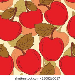 Padrão contínuo com maçã no fundo de cor. Natural deliciosa fruta fresca e saborosa. Ilustração vetorial para impressão, tecido, têxtil, banner, design. Maçãs estilizadas com folhas. Conceito alimentar.