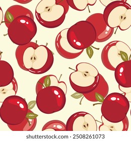 Patrón sin fisuras con manzana sobre fondo de color. Natural deliciosa fruta madura sabrosa fresca. Ilustración vectorial para impresión, tela, textil, Anuncio, diseño. Manzanas estilizadas con hojas. Concepto de comida.