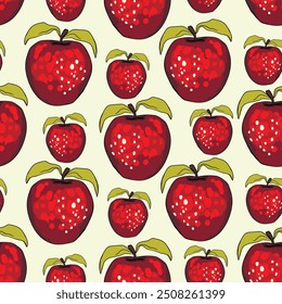Patrón sin fisuras con manzana sobre fondo de color. Natural deliciosa fruta madura sabrosa fresca. Ilustración vectorial para impresión, tela, textil, Anuncio, diseño. Manzanas estilizadas con hojas. Concepto de comida.