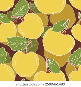 Padrão contínuo com maçã no fundo de cor. Natural deliciosa fruta fresca e saborosa. Ilustração vetorial para impressão, tecido, têxtil, banner, design. Maçãs estilizadas com folhas. Conceito alimentar.