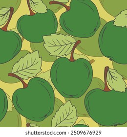 Seamless pattern with apple on color background. Natural delicious fresh ripe tasty fruit. Vector illustration for print, fabric, textile, banner, design. Stylized apples with leaves. Food concept.