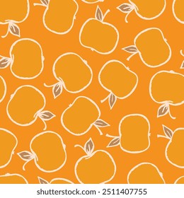 Seamless pattern with apple on color background. Natural delicious fresh ripe tasty fruit. Vector illustration for print, fabric, textile, banner, design. Stylized apples with leaves. Food concept.