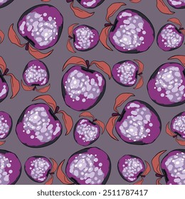 Seamless pattern with apple on color background. Natural delicious fresh ripe tasty fruit. Vector illustration for print, fabric, textile, banner, design. Stylized apples with leaves. Food concept.