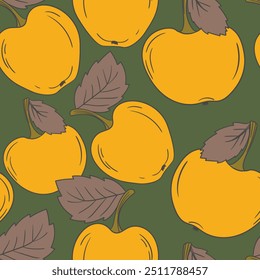 Patrón sin fisuras con manzana sobre fondo de color. Natural deliciosa fruta madura sabrosa fresca. Ilustración vectorial para impresión, tela, textil, Anuncio, diseño. Manzanas estilizadas con hojas. Concepto de comida.