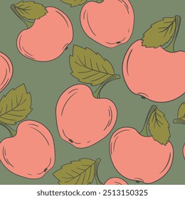 Padrão contínuo com maçã no fundo de cor. Natural deliciosa fruta fresca e saborosa. Ilustração vetorial para impressão, tecido, têxtil, banner, design. Maçãs estilizadas com folhas. Conceito alimentar.