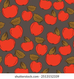 Seamless pattern with apple on color background. Natural delicious fresh ripe tasty fruit. Vector illustration for print, fabric, textile, banner, design. Stylized apples with leaves. Food concept.