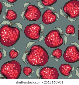 Seamless pattern with apple on color background. Natural delicious fresh ripe tasty fruit. Vector illustration for print, fabric, textile, banner, design. Stylized apples with leaves. Food concept.