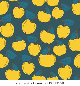 Seamless pattern with apple on color background. Natural delicious fresh ripe tasty fruit. Vector illustration for print, fabric, textile, banner, design. Stylized apples with leaves. Food concept.