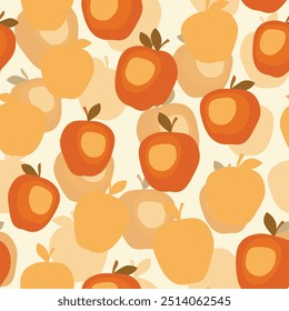 Padrão contínuo com maçã no fundo de cor. Natural deliciosa fruta fresca e saborosa. Ilustração vetorial para impressão, tecido, têxtil, banner, design. Maçãs estilizadas com folhas. Conceito alimentar.