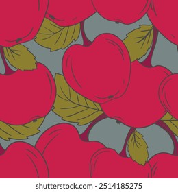 Patrón sin fisuras con manzana sobre fondo de color. Natural deliciosa fruta madura sabrosa fresca. Ilustración vectorial para impresión, tela, textil, Anuncio, diseño. Manzanas estilizadas con hojas. Concepto de comida.