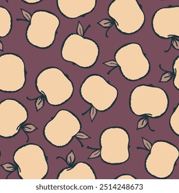 Padrão contínuo com maçã no fundo de cor. Natural deliciosa fruta fresca e saborosa. Ilustração vetorial para impressão, tecido, têxtil, banner, design. Maçãs estilizadas com folhas. Conceito alimentar.