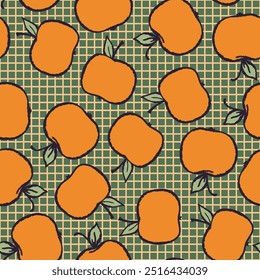 Padrão contínuo com maçã no fundo de cor. Natural deliciosa fruta fresca e saborosa. Ilustração vetorial para impressão, tecido, têxtil, banner, design. Maçãs estilizadas com folhas. Conceito alimentar.