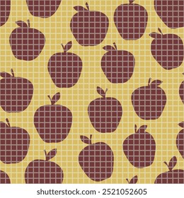 Patrón sin fisuras con manzana sobre fondo de color. Natural deliciosa fruta madura sabrosa fresca. Ilustración vectorial para impresión, tela, textil, Anuncio, diseño. Manzanas estilizadas con hojas. Concepto de comida.