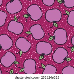 Seamless pattern with apple on color background. Natural delicious fresh ripe tasty fruit. Vector illustration for print, fabric, textile, banner, design. Stylized apples with leaves. Food concept.