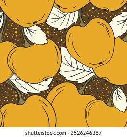 Seamless pattern with apple on color background. Natural delicious fresh ripe tasty fruit. Vector illustration for print, fabric, textile, banner, design. Stylized apples with leaves. Food concept.