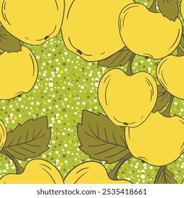 Patrón sin fisuras con manzana sobre fondo de color. Natural deliciosa fruta madura sabrosa fresca. Ilustración vectorial para impresión, tela, textil, Anuncio, diseño. Manzanas estilizadas con hojas. Concepto de comida.