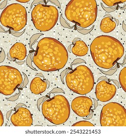 Seamless pattern with apple on color background. Natural delicious fresh ripe tasty fruit. Vector illustration for print, fabric, textile, banner, design. Stylized apples with leaves. Food concept.