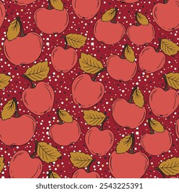 Seamless pattern with apple on color background. Natural delicious fresh ripe tasty fruit. Vector illustration for print, fabric, textile, banner, design. Stylized apples with leaves. Food concept.