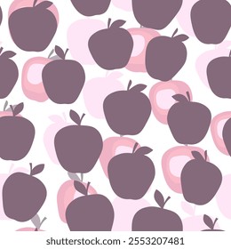 Padrão contínuo com maçã no fundo de cor. Natural deliciosa fruta fresca e saborosa. Ilustração vetorial para impressão, tecido, têxtil, banner, design. Maçãs estilizadas com folhas. Conceito alimentar.