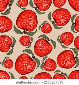 Seamless pattern with apple on color background. Natural delicious fresh ripe tasty fruit. Vector illustration for print, fabric, textile, banner, design. Stylized apples with leaves. Food concept.