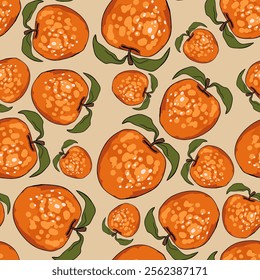 Seamless pattern with apple on color background. Natural delicious fresh ripe tasty fruit. Vector illustration for print, fabric, textile, banner, design. Stylized apples with leaves. Food concept.