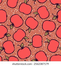 Seamless pattern with apple on color background. Natural delicious fresh ripe tasty fruit. Vector illustration for print, fabric, textile, banner, design. Stylized apples with leaves. Food concept.